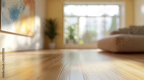 Blurred low angle view of a cozy living room with wooden flooring, soft sunlight illuminating a plant and a couch, creating an inviting atmosphere. photo