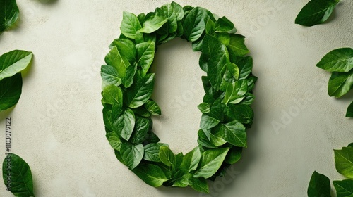 Alphabet O crafted from vibrant green leaves, resting on a neutral backdrop, surrounded by scattered leaves for a fresh, natural aesthetic.