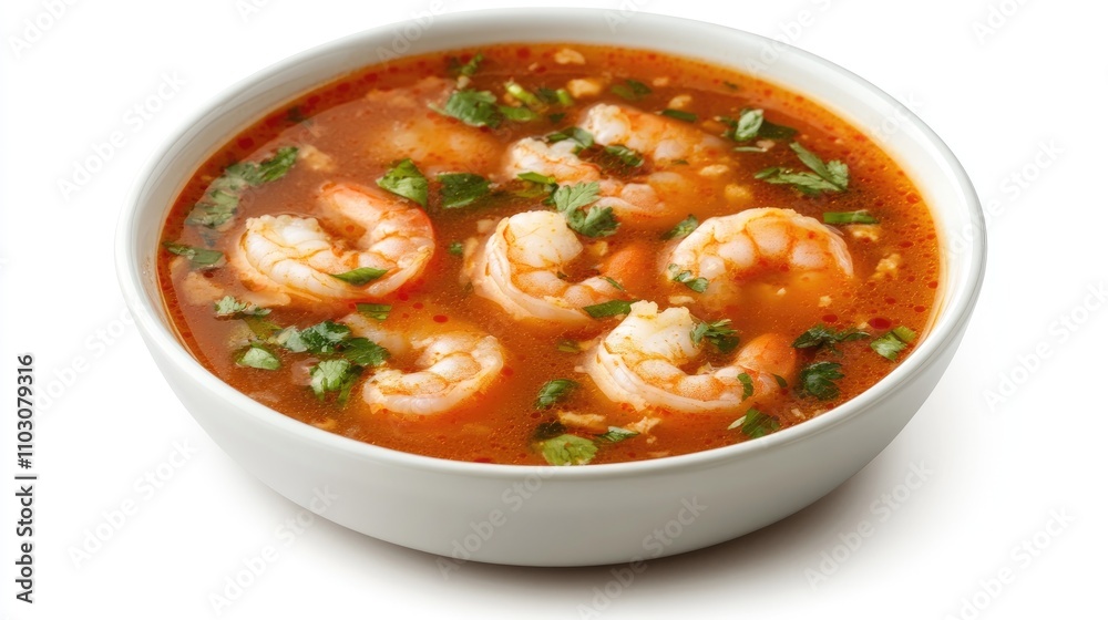 Spicy shrimp soup showcasing plump shrimp in a rich, aromatic broth, garnished with fresh herbs, against a clean white background. Spicy shrimp soup showcasing plump shrimp in a rich, aromatic broth, garnished with fresh herbs, against a clean white background.