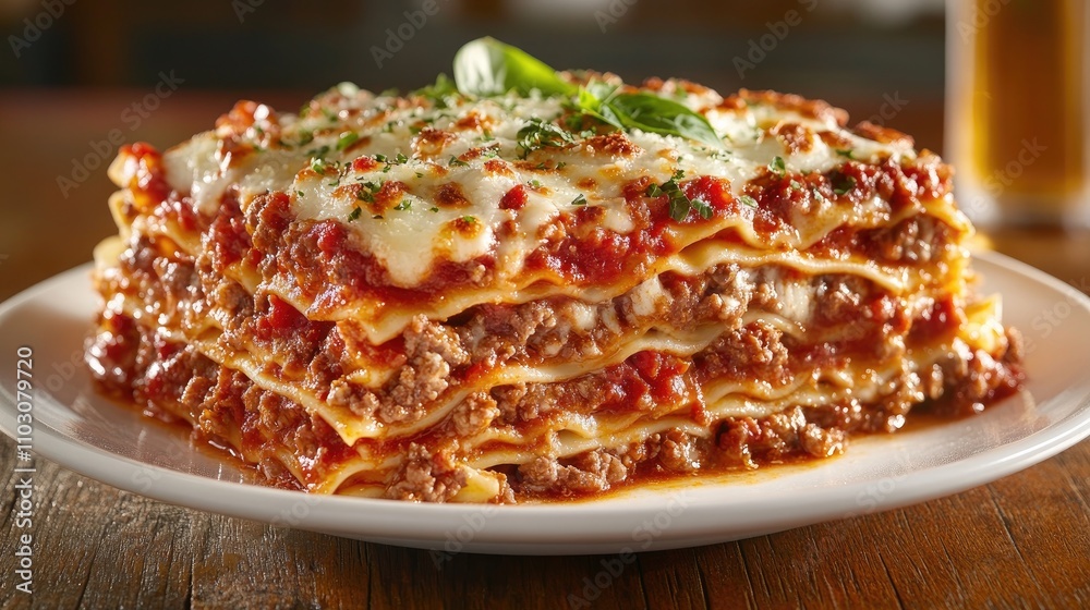 Layered lasagna dish with rich meat sauce and melted cheese, garnished with fresh basil, served on a white plate for Italian food lovers. Layered lasagna dish with rich meat sauce and melted cheese, garnished with fresh basil, served on a white plate for Italian food lovers.