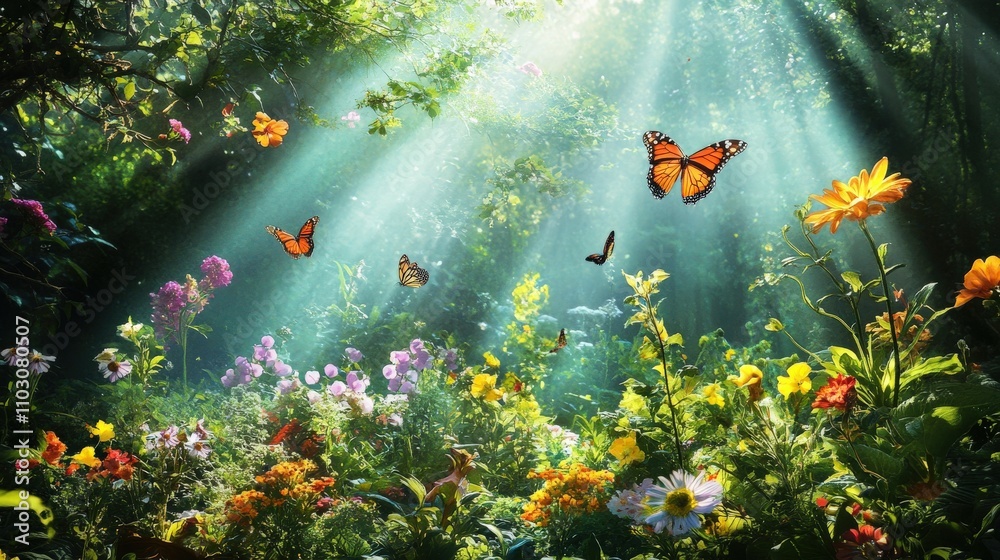 In a lively spring garden, colorful flowers bloom while butterflies dance in the warm sunlight filtering through the trees. Nature thrives in this serene, beautiful setting In a lively spring garden, colorful flowers bloom while butterflies dance in the warm sunlight filtering through the trees. Nature thrives in this serene, beautiful setting