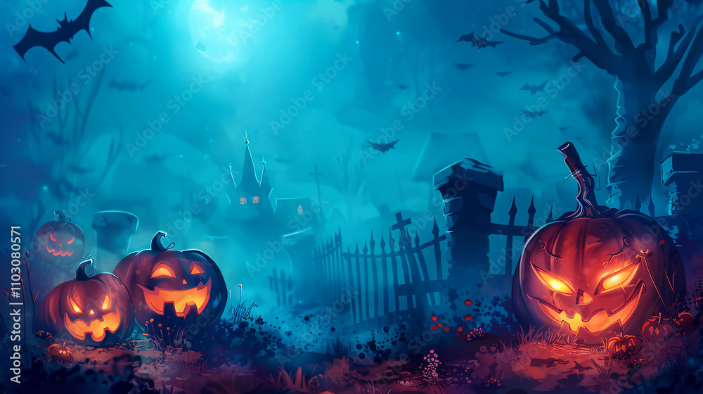 Naklejka premium Dark pumpkin patch at twilight with scarecrows and autumn leaves.