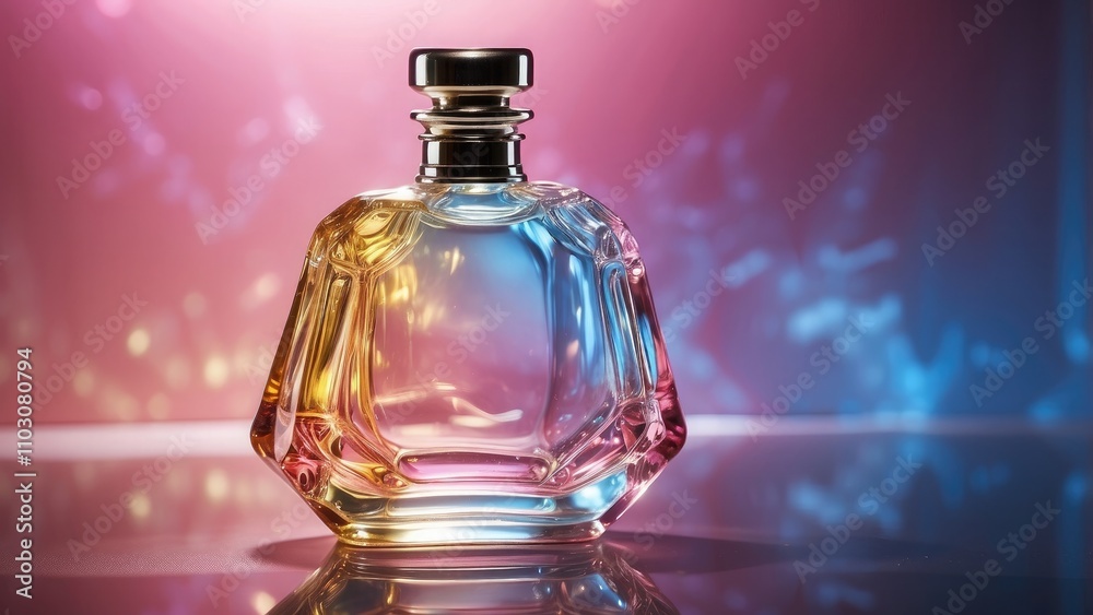 A glass perfume bottle filled with pink liquid rests on a metallic, reflecting surface. The background is hazy and has pink, blue, and yellow lights of various colors. A glass perfume bottle filled with pink liquid rests on a metallic, reflecting surface. The background is hazy and has pink, blue, and yellow lights of various colors.