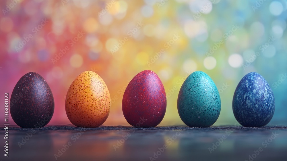 Colorful Easter eggs arranged in a row, featuring intricate patterns, set against a blurred bokeh background of soft, vibrant hues. Colorful Easter eggs arranged in a row, featuring intricate patterns, set against a blurred bokeh background of soft, vibrant hues.