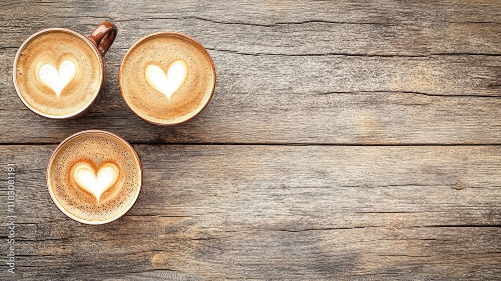 Two cappuccino cups with heart-shaped latte art on a rustic wooden table, viewed from above, perfect for coffee lovers or romantic settings. Two cappuccino cups with heart-shaped latte art on a rustic wooden table, viewed from above, perfect for coffee lovers or romantic settings.