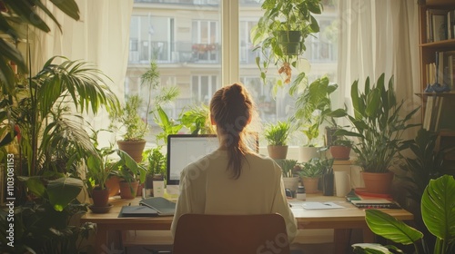 A woman sits at a desk in a bright, airy workspace filled with indoor plants. Sunlight streams through large windows, illuminating her focused work on a computer as greenery surrounds her