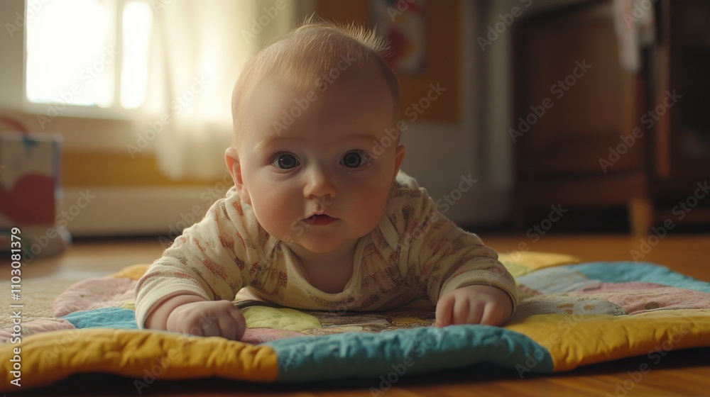 Playful Baby on Colorful Mat in Bright Home Environment Playful Baby on Colorful Mat in Bright Home Environment