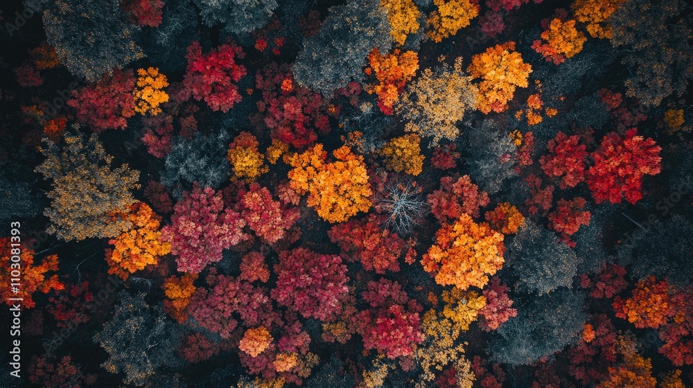 Autumn foliage from above showcasing a rich spectrum of red, orange, and yellow leaves blanketing the forest floor in a stunning aerial view. Autumn foliage from above showcasing a rich spectrum of red, orange, and yellow leaves blanketing the forest floor in a stunning aerial view.