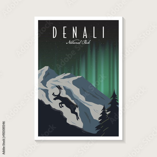 Denali National Park poster illustration, beautiful aurora on the mountain scenery poster design