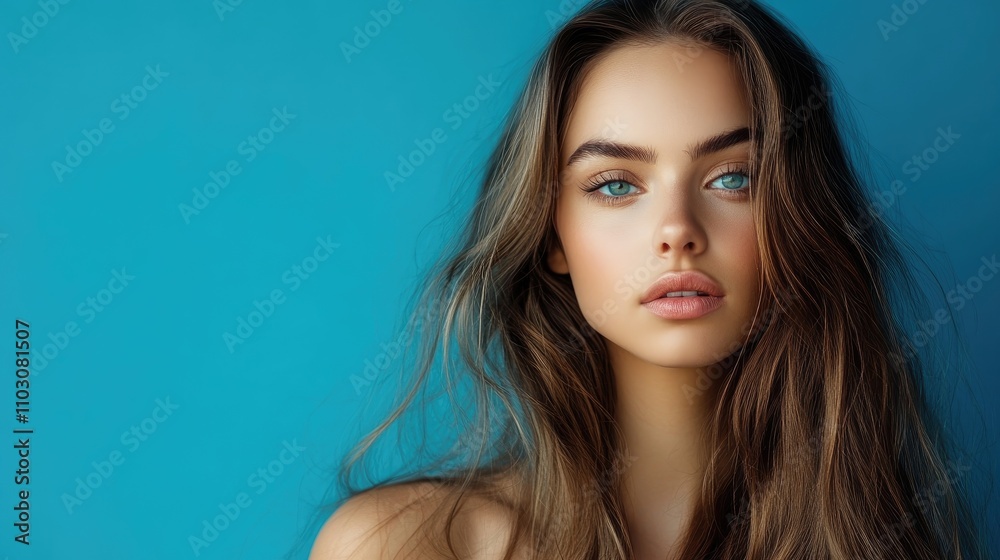 Naklejka premium Portrait of a woman with long flowing hair, striking blue eyes, and soft features against a vibrant blue background, showcasing natural beauty and elegance.