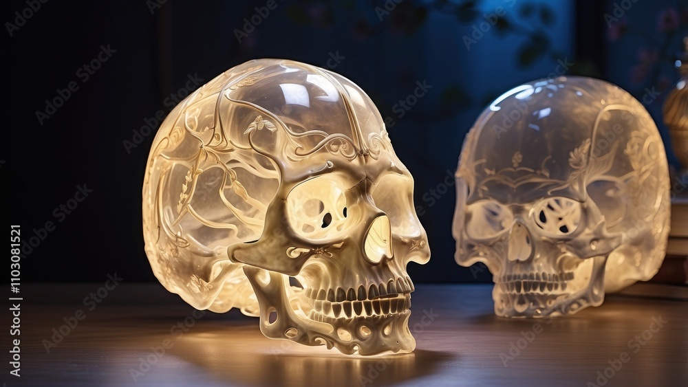 A warm-emitting, translucent skull light with beautiful design. A warm-emitting, translucent skull light with beautiful design.