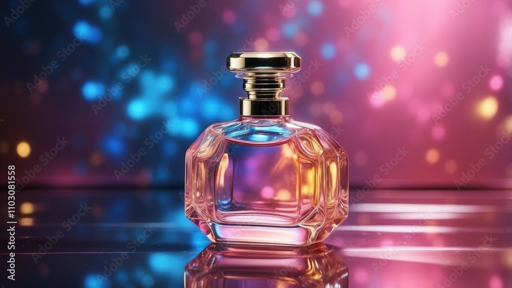 A glass perfume bottle filled with pink liquid rests on a metallic, reflecting surface. The background is hazy and has pink, blue, and yellow lights of various colors. A glass perfume bottle filled with pink liquid rests on a metallic, reflecting surface. The background is hazy and has pink, blue, and yellow lights of various colors.