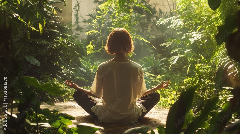 A young woman practices meditation in a tranquil outdoor space, enveloped by vibrant plants and soft natural light, embodying serenity and mindfulness A young woman practices meditation in a tranquil outdoor space, enveloped by vibrant plants and soft natural light, embodying serenity and mindfulness