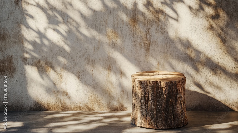 Natural wooden stump illuminated by soft sunlight, casting intricate shadows against a textured wall in a serene indoor setting. Natural wooden stump illuminated by soft sunlight, casting intricate shadows against a textured wall in a serene indoor setting.