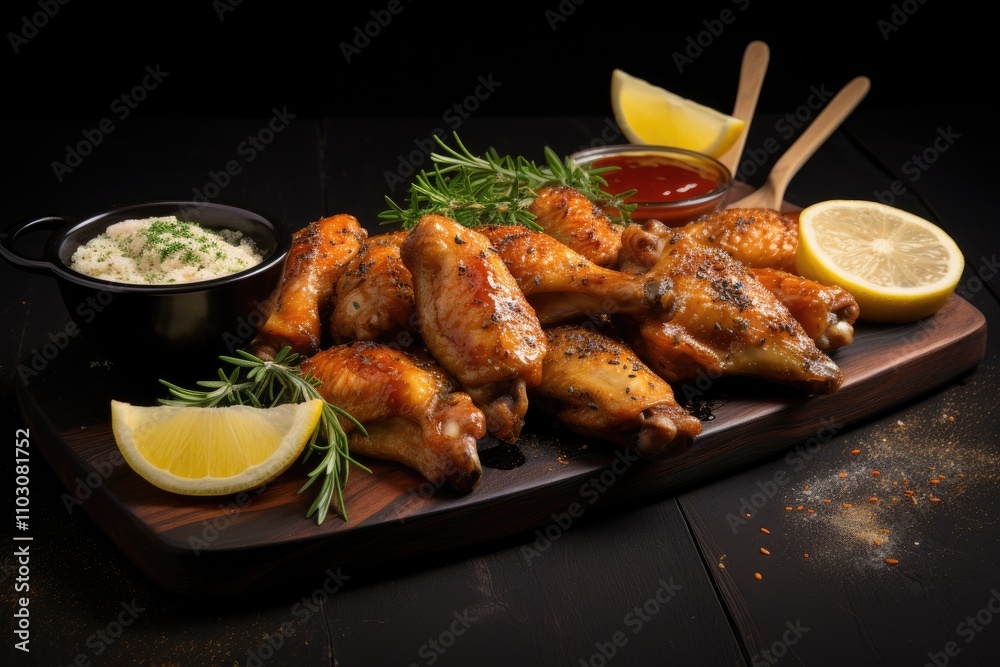 Chicken wings baked with assorted sauces and lemon against a black backdrop Chicken wings baked with assorted sauces and lemon against a black backdrop