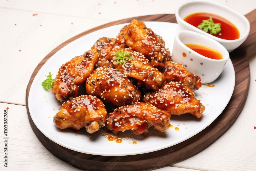 Chicken wings baked with sesame seeds and sweet chili sauce on a wooden board Chicken wings baked with sesame seeds and sweet chili sauce on a wooden board