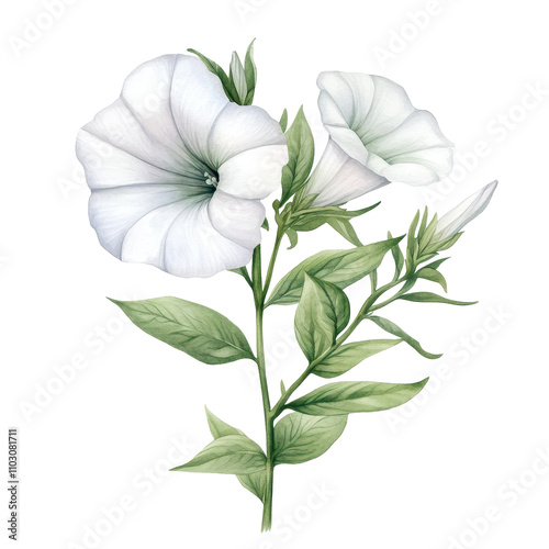 A white flower with green leaves is the main focus of the image Transparent Background