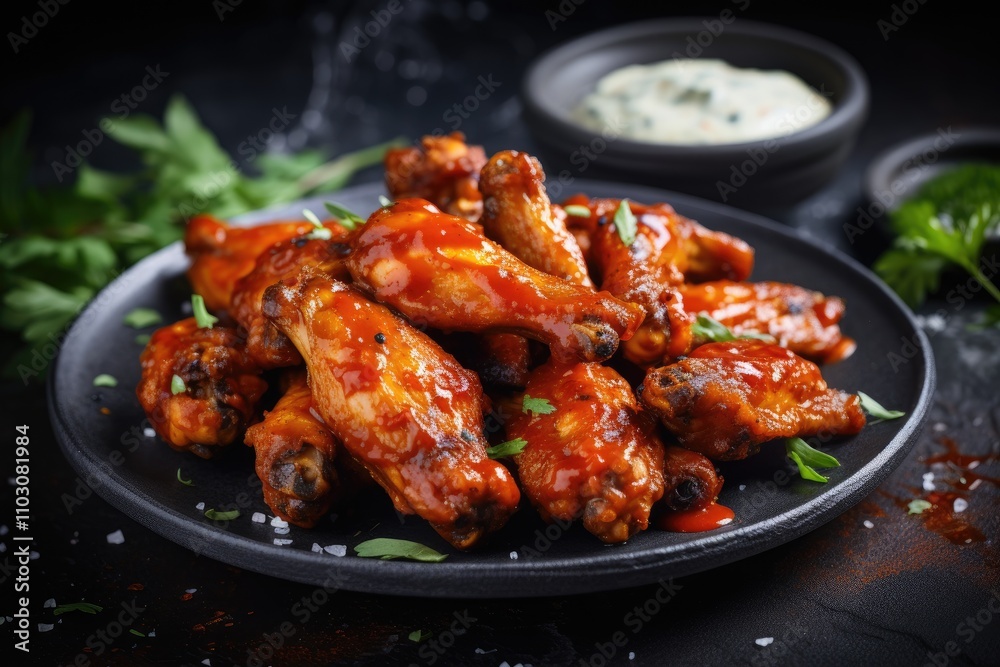 Chicken wings with BBQ sauce and blue cheese on a rustic concrete table Chicken wings with BBQ sauce and blue cheese on a rustic concrete table