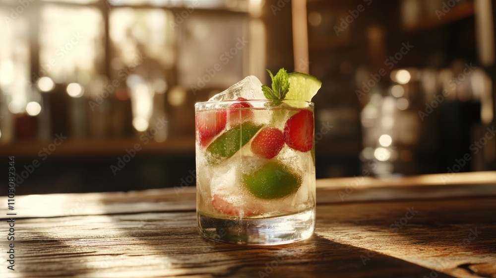 Refreshing summer cocktail with lime, ice, strawberries, and mint served in a glass on rustic wooden table illuminated by warm light. Refreshing summer cocktail with lime, ice, strawberries, and mint served in a glass on rustic wooden table illuminated by warm light.