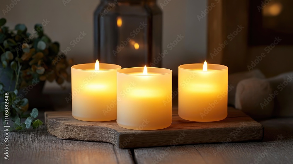 Three warm, glowing candles on a wooden board, surrounded by soft light and greenery, creating a cozy and inviting atmosphere. Three warm, glowing candles on a wooden board, surrounded by soft light and greenery, creating a cozy and inviting atmosphere.