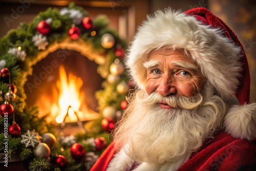 Santa smiling near decorated fireplace at Christmas