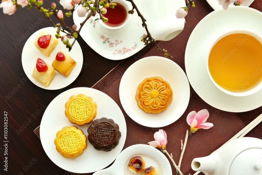 Chinese Tea and Dessert: A table set with an assortment of Chinese desserts Chinese Tea and Dessert: A table set with an assortment of Chinese desserts