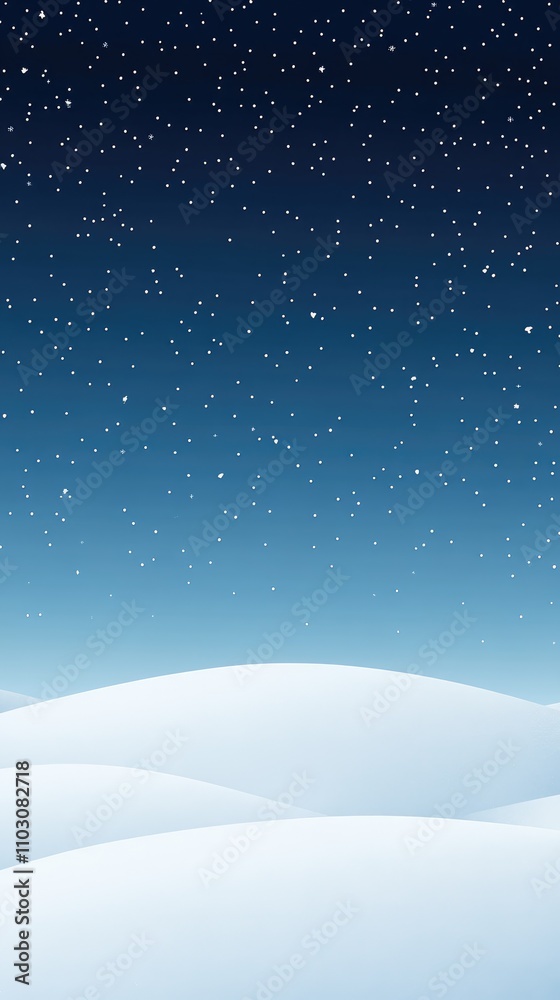 Gentle hills of pristine snow stretch across the horizon, illuminated by twinkling stars in a serene twilight sky, evoking a sense of calm and tranquility Gentle hills of pristine snow stretch across the horizon, illuminated by twinkling stars in a serene twilight sky, evoking a sense of calm and tranquility