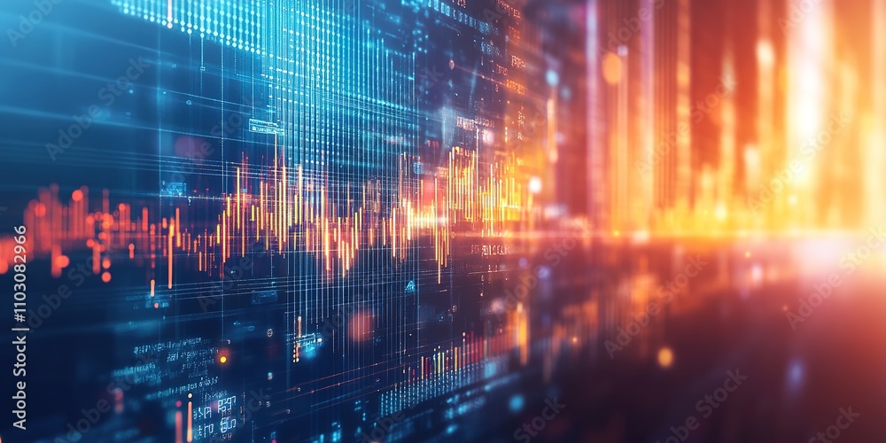 Obraz premium Futuristic digital financial chart hologram in neon blue and red