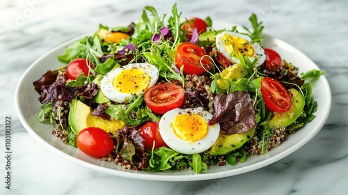 Vibrant quinoa salad with cherry tomatoes, mixed greens, avocado, boiled egg, and microgreens on marble, showcasing nutrition and a healthy lifestyle