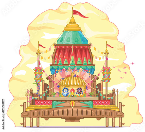 Ratha Yatra festival. Puri, Odisha, India. Lord Jagannath, Balabhadra and Subhadra in rameaning chariot. They ride on a chariot with a dome. Vector illustration