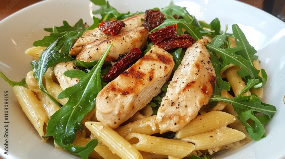 Grilled chicken slices atop penne pasta with sun-dried tomatoes and fresh arugula in a creamy sauce, garnished for an appealing presentation. Grilled chicken slices atop penne pasta with sun-dried tomatoes and fresh arugula in a creamy sauce, garnished for an appealing presentation.