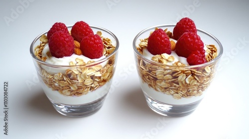 Two glasses of layered granola, Greek yogurt, and raspberries topped with oatmeal flakes, showcasing a nutritious and appealing snack from an overhead perspective.