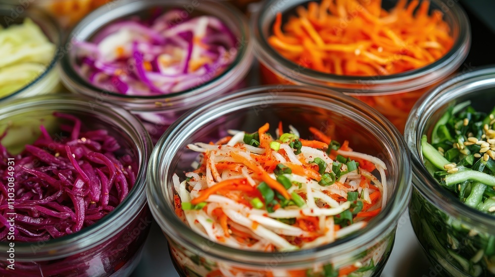 Fototapeta premium Vibrant assortment of spicy Korean vegetable pickled salads in glass jars showcasing colorful ingredients and traditional Asian flavors