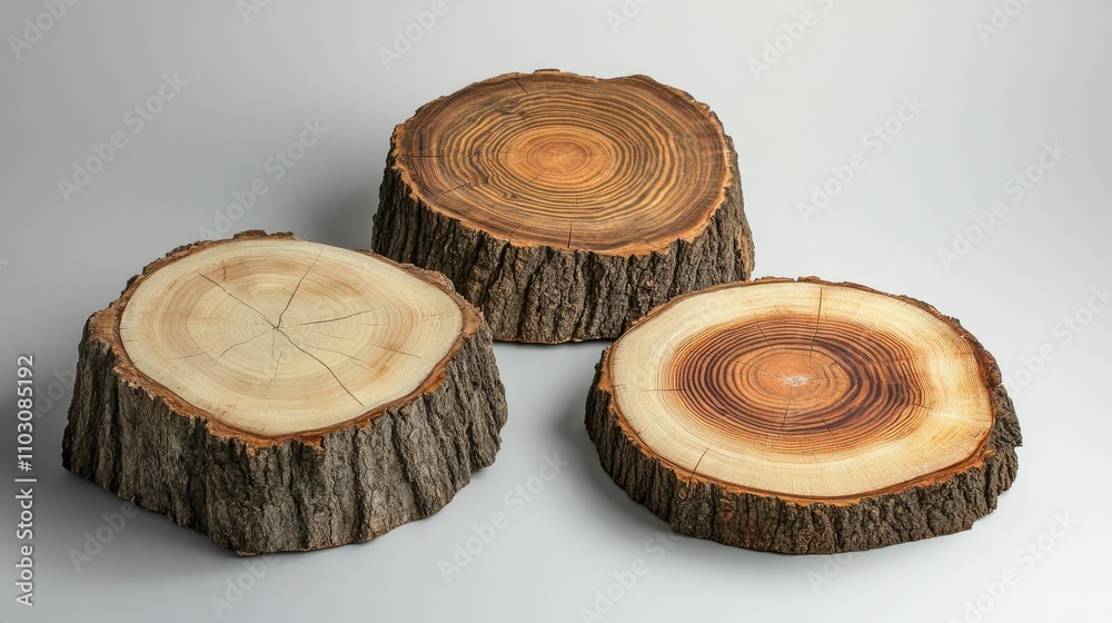 Tree stumps sliced into rings displaying detailed growth patterns on a smooth, neutral background, showcasing natural textures and colors. Tree stumps sliced into rings displaying detailed growth patterns on a smooth, neutral background, showcasing natural textures and colors.