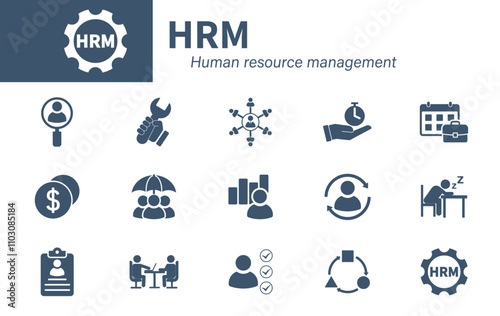 HRM icon. Collection of solid vector icons themed on recruitment, office work, HR analytics, diversity, interview.