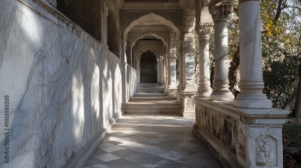 Elegant marble pillars framing the entrance of a grand hallway, with natural light casting soft shadows on the polished stone floor. Elegant marble pillars framing the entrance of a grand hallway, with natural light casting soft shadows on the polished stone floor.