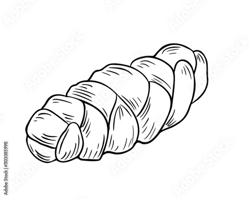 Challah traditional Jewish bread black white vector illustration isolated. Hand drawn Israelite bread challah sketch. Sweet roll monochrome line art painted for design signage, packaging, bakehouse.