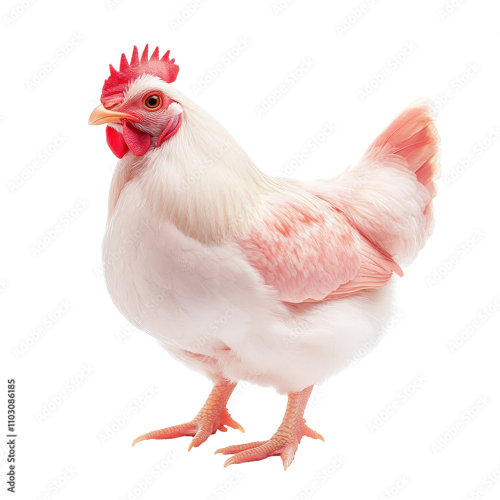 Fototapeta premium A white chicken with pink feathers stands on a white background Transparent Background