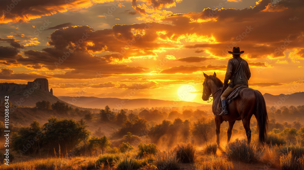 Sunset over western landscape with bandit riding on his horse Sunset over western landscape with bandit riding on his horse