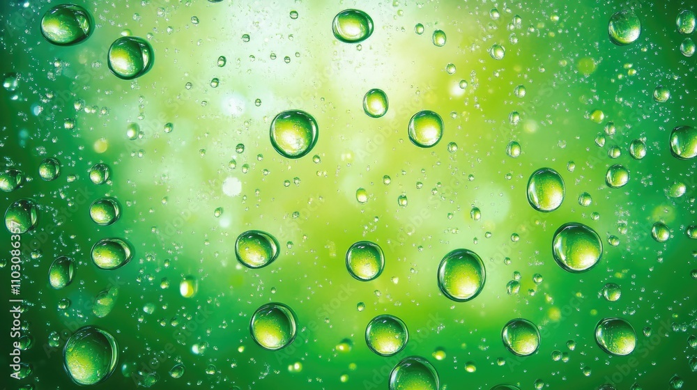 Abstract backdrop featuring oil droplets and green bubbles suspended on water, perfect for highlighting beauty and cosmetic products in an artistic way. Abstract backdrop featuring oil droplets and green bubbles suspended on water, perfect for highlighting beauty and cosmetic products in an artistic way.