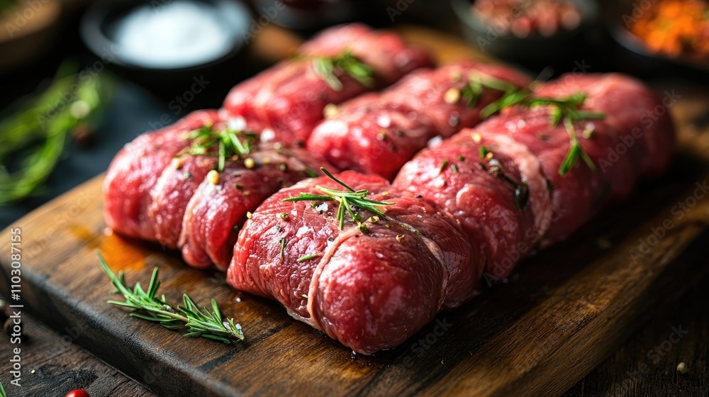 Raw beef roulades neatly arranged on a wooden board, garnished with fresh herbs and spices, ready for cooking preparation. Raw beef roulades neatly arranged on a wooden board, garnished with fresh herbs and spices, ready for cooking preparation.