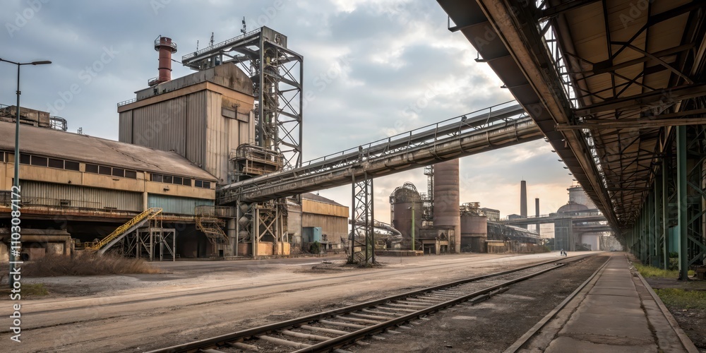 A sprawling industrial complex, showing aged infrastructure, elevated walkways, and railway lines, under a cloudy sky. A sprawling industrial complex, showing aged infrastructure, elevated walkways, and railway lines, under a cloudy sky.