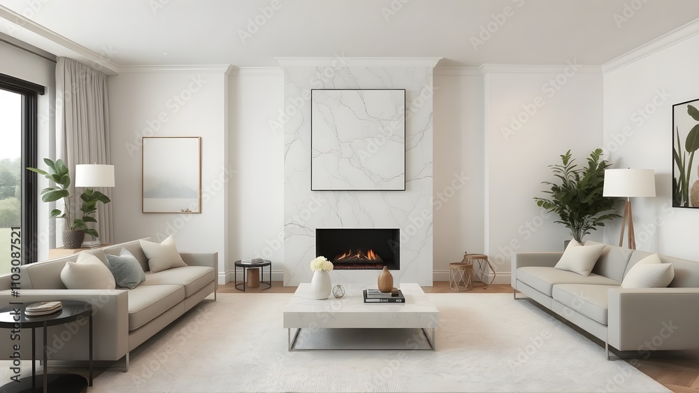 Balanced living room with light gray furniture, fireplace.. Balanced living room with light gray furniture, fireplace..