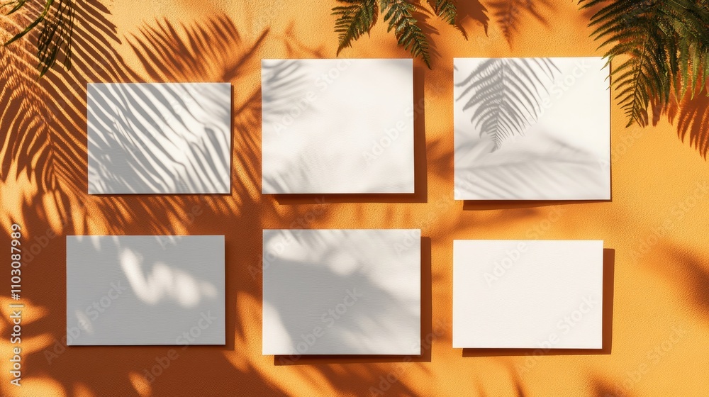 Minimalistic white wedding stationery mockups with delicate shadows from soft thuja leaves on an orange concrete backdrop, featuring various card designs. Minimalistic white wedding stationery mockups with delicate shadows from soft thuja leaves on an orange concrete backdrop, featuring various card designs.