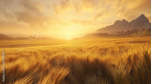 Golden Wheat Field Bathed in Soft Dawn Light with Majestic Mountains in the Background Under a Vibrant Sky