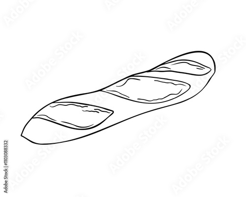 Baguette whole black white vector illustration isolated. French bread loaf hand drawn graphic sketch. Long crusty bread in line art for design signage, cookbook, wrapping paper, packaging bakery.