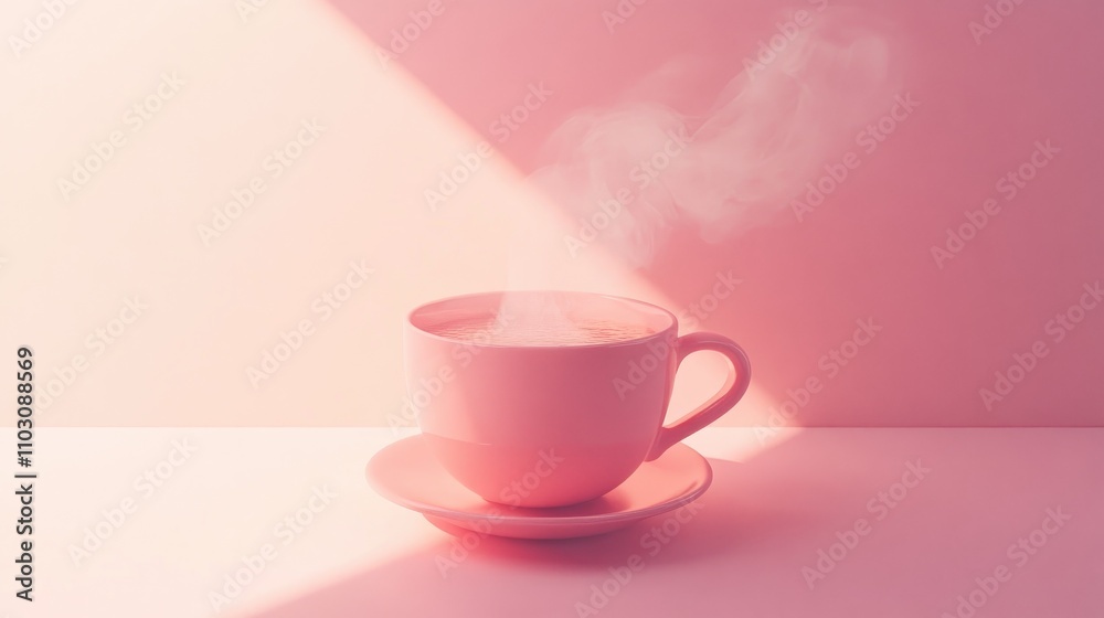 Delicate pink cup filled with steaming beverage, resting on matching saucer against soft pink backdrop with gentle light and steam rising gracefully.