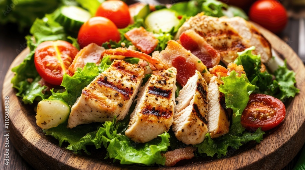 Grilled chicken Caesar salad featuring fresh vegetables and crispy bacon, presented on a rustic wooden plate with vibrant colors. Grilled chicken Caesar salad featuring fresh vegetables and crispy bacon, presented on a rustic wooden plate with vibrant colors.