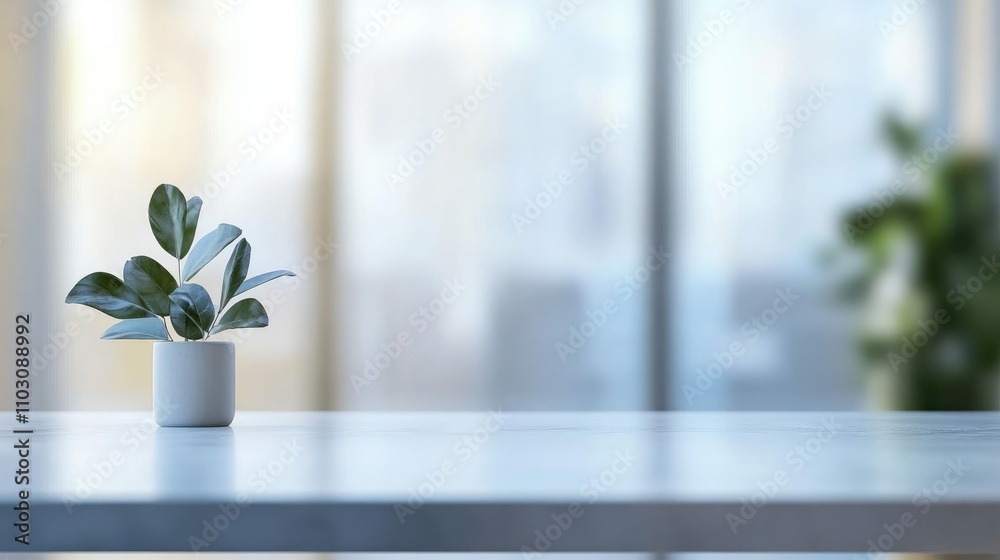 Minimalist studio scene featuring a small potted plant on a table with a soft blurred bokeh backdrop in grey and white tones. Ideal for serene interiors. Minimalist studio scene featuring a small potted plant on a table with a soft blurred bokeh backdrop in grey and white tones. Ideal for serene interiors.