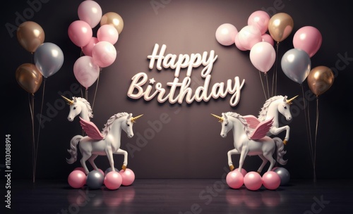 A beautiful birthday backdrop with unicorns ballons with floordrop minimalist birthday backdrop Ultra realistic Photorealistic  photo